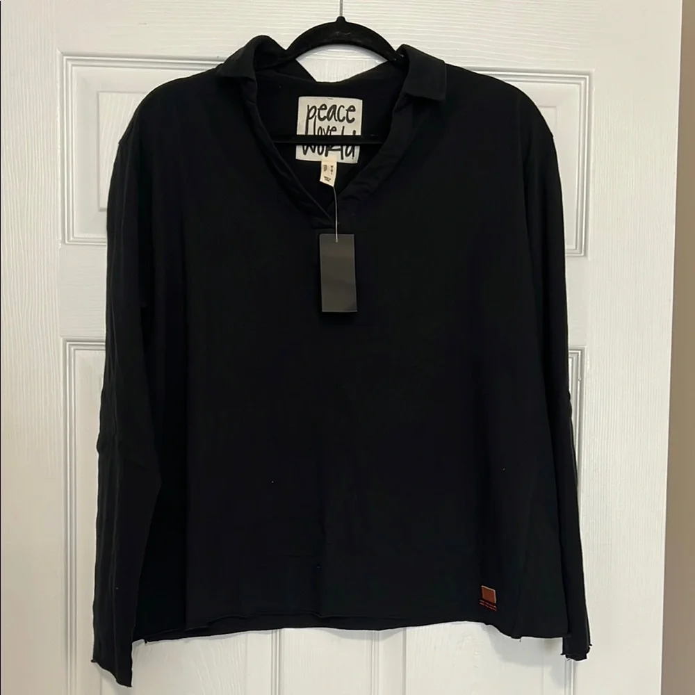 Peace love world Black Long Sleeve polo Shirt